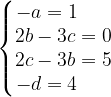 \dpi{120} \left\{\begin{matrix} -a=1\; \; \; \; \; \; \\ 2b-3c=0\\ 2c-3b=5\\ -d=4 \; \; \; \; \; \; \end{matrix}\right.